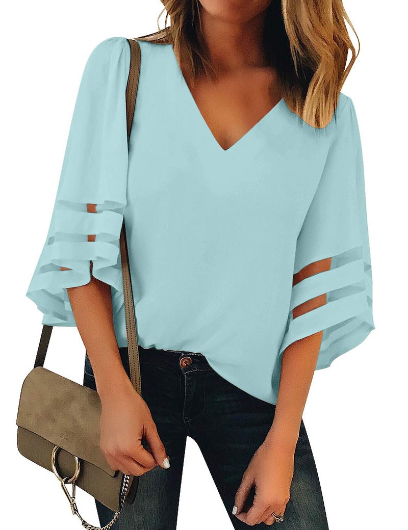 LookbookStore Women's Summer V-Neck 3/4 Sleeve Dressy Casual Plus Size XXL Light Blue Blouse - Image 1